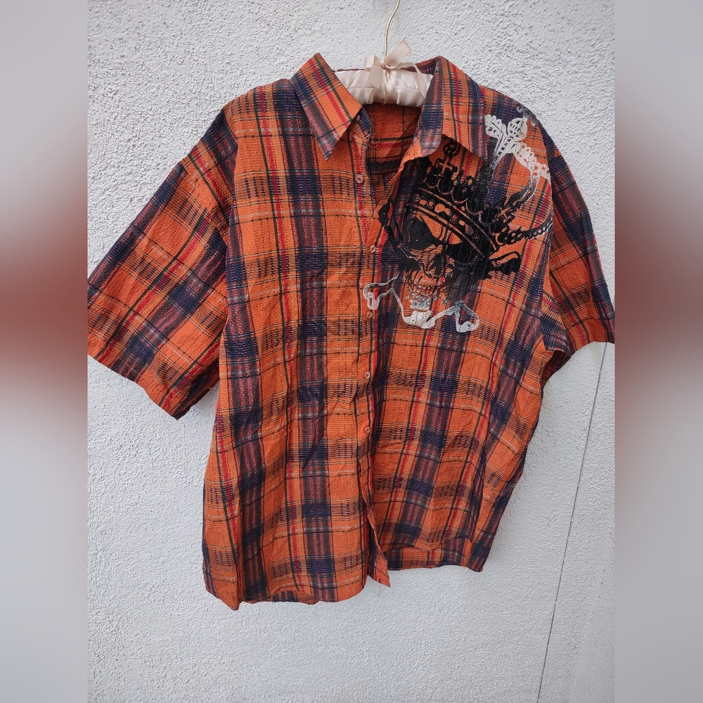 Roadblock Jeans Men's Orange Plaid Casual Button Down Shirt Fall Goth Large